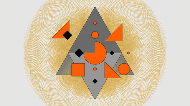 Abstract Geometric Pattern with Orange and Gray Shapes on Golden Spiral Background