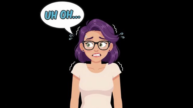 Young woman with glasses looking worried and anxious, expressing concern with 'Uh Oh' speech bubble.