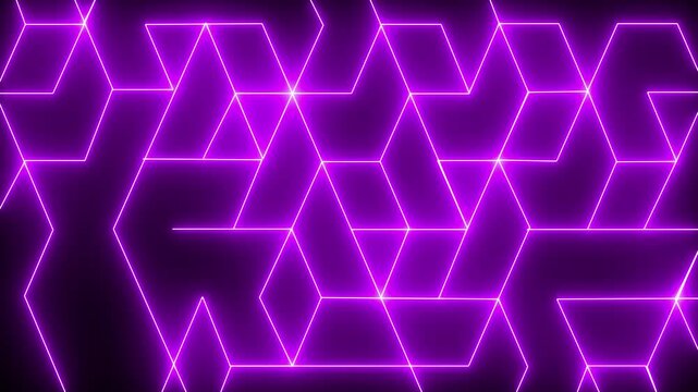 Glowing neon background featuring an interconnected geometric tessellation grid of triangles, rhombuses, and cubes outlined in vibrant light against a dark background. 