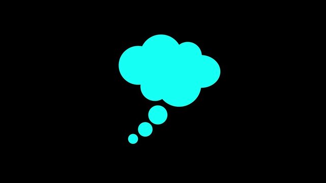 Bright solid cyan animated thought bubble icon featuring ascending trailing circles against a black background. Pop-up cloud callout animation, AI brainstorming processing indicator, creative idea 