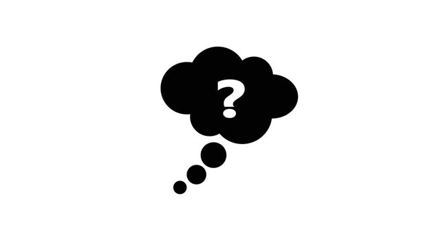 Solid black animated thought bubble icon featuring a central white question mark against a bright white chroma key background. Pop-up query cloud animation, mystery or help callout.
