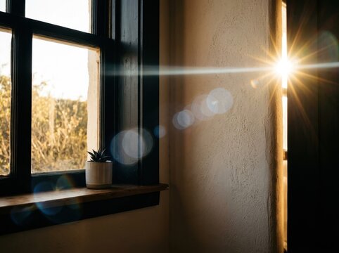 Sunlight streaming through a window onto a windowsill with a small potted succulent plant in a cozy rustic home interior setting