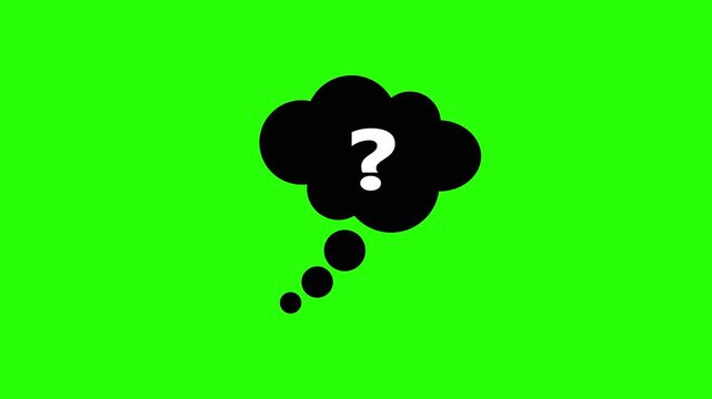 Solid black animated thought bubble icon featuring a central white question mark against a bright green chroma key background. Pop-up query cloud animation, mystery or help callout.