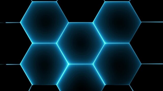 Glowing blue red background featuring an interconnected honeycomb grid of dark hexagonal tiles outlined in vibrant glowing light against a black background. Animated sci-fi HUD backdrop.