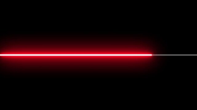Glowing neon red horizontal progress bar filling smoothly from left to right along a subtle guide track against a black background. Animated high-tech loading bar, system initialization meter.