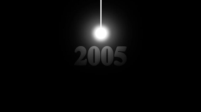 Futuristic Swinging Light Pendulum Revealing Year 2005 Text Overlay Symbolizing New Millennium Time Countdown History Concept on Black Background.