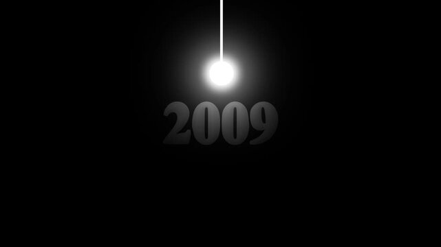 Futuristic Swinging Light Pendulum Revealing Year 2009 Text Overlay Symbolizing New Millennium Time Countdown History Concept on Black Background.