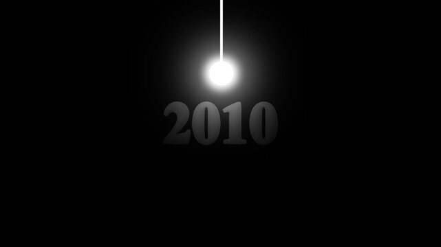 Futuristic Swinging Light Pendulum Revealing Year 2010 Text Overlay Symbolizing New Millennium Time Countdown History Concept on Black Background.