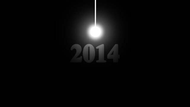 Futuristic Swinging Light Pendulum Revealing Year 2014 Text Overlay Symbolizing New Millennium Time Countdown History Concept on Black Background.