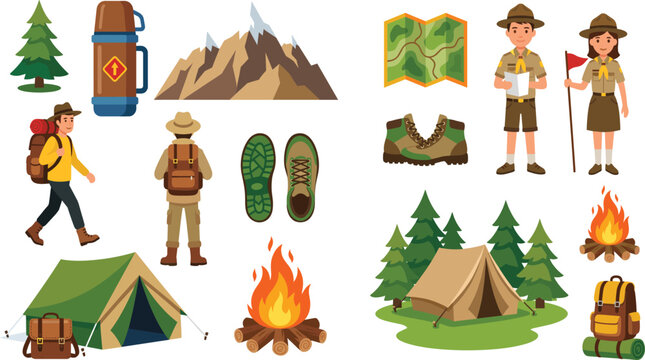 PrintCamping and Hiking Adventure Icon Set &ndash; Scouts, Tents, Campfire, and Outdoor Gear Illustrations