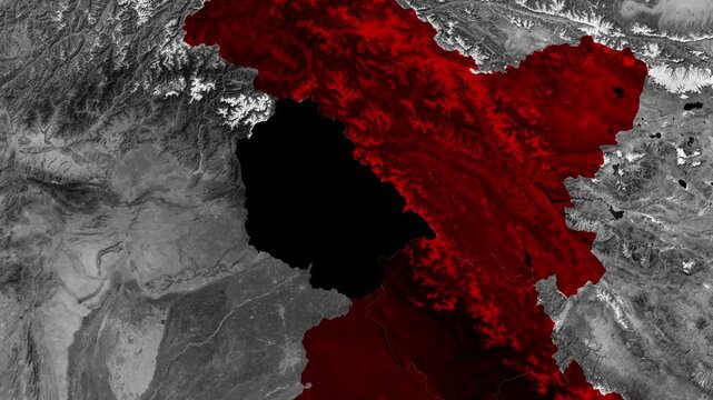 Jammu and Kashmir regional map animation with red highlight pin location on satellite background.   