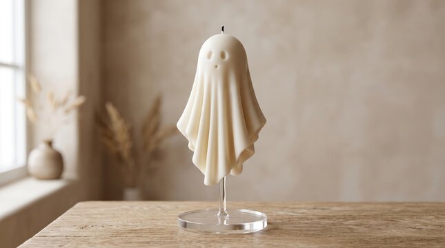 White ghost shaped decorative candle standing on a transparent acrylic stand with halloween decor scented candle spooky decor minimalist candle wax candle home decor halloween ornament