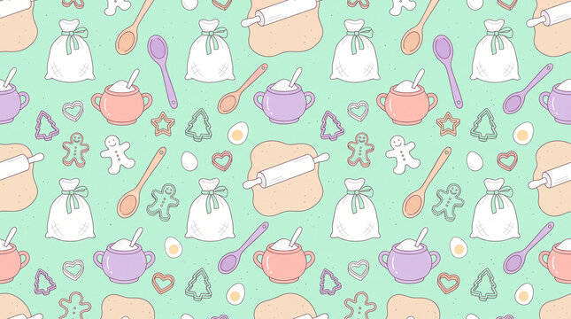 Seamless Christmas baking pattern featuring gingerbread men, cookie cutters (star, tree, heart), rolling pins on dough, flour sacks with mint bows, pastel mixing bowls with sugar and spoons 