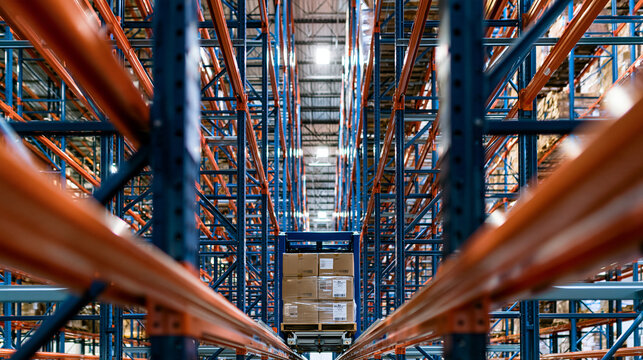 A compact rail-mounted pallet shuttle carries plain sealed cartons through a geometric aisle of towering storage racks in a high-bay distribution center. Foreground rack structure