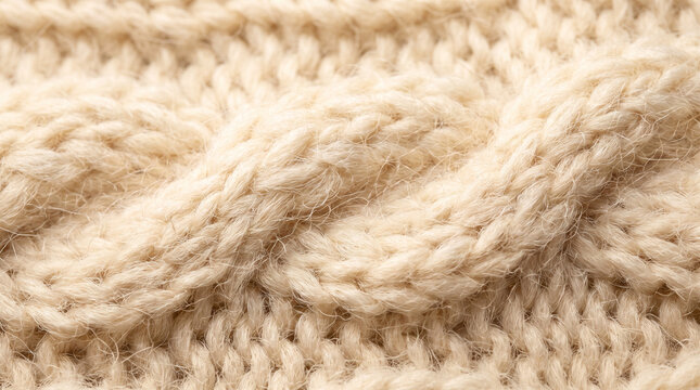 Close-up texture of chunky knit fabric in soft cream beige. Cozy winter background featuring thick wool yarn loops and fuzzy fibers for hygge lifestyle, holiday decor, or textile design themes.