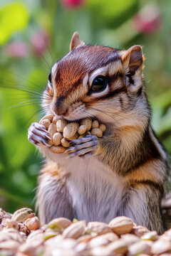 A chipmunk munching on peanuts in a sunny garden setting vertical frame