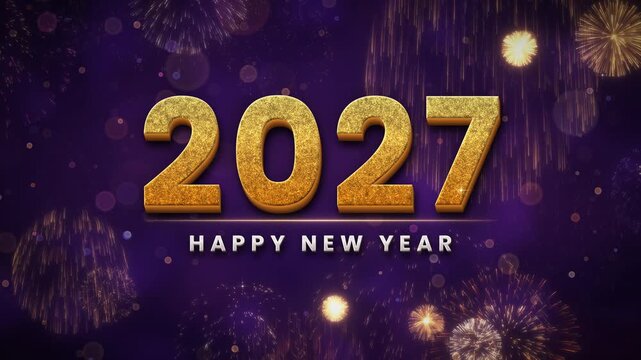 Happy New Year 2027 Gold Glitter 3D Text With Colorful Fireworks on Purple Background. Festive Holiday Greeting Animation With Light Streak, Bokeh and Fade Out