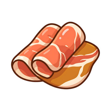 Delicious cured ham slices and rolled prosciutto bacon vector illustration icon isolated on white background