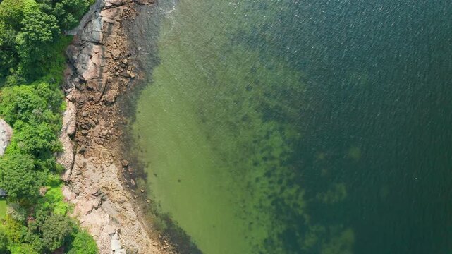 Top Down Aerial of Salem Sound and Rocky Coastline in Prides Crossing Beverly Massachusetts