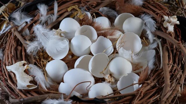 Nest filled with open cracked eggs. Bird nest with hatched eggs wildlife and nature. Close up wildlife breeding. Nest made of twigs and sticks. Breeding season illustrative composition.