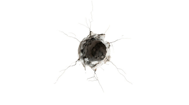 Bullet hole in a white wall isolated on transparent background