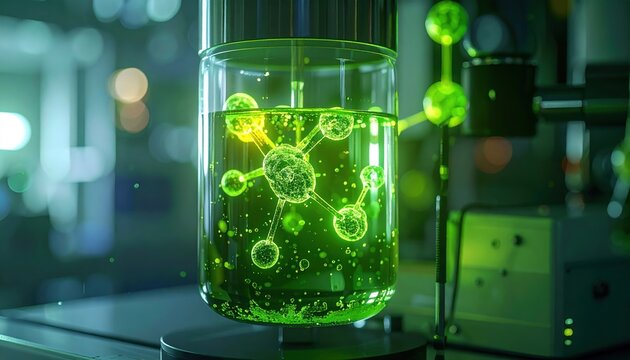 Scientific glass bioreactor containing glowing molecular cellular structures suspended in green liquid