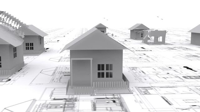 Real estate growth concept: 3D houses materialize on a grid of blueprints.
