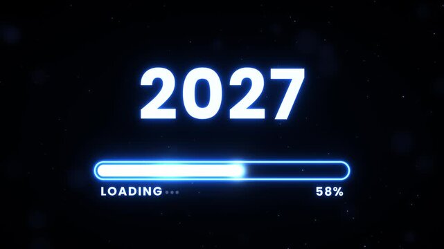 Happy New Year 2027 Glowing Neon Blue Loading Bar Filling to 100 Percent on Dark Background. Minimal Progress Bar Holiday Greeting Animation