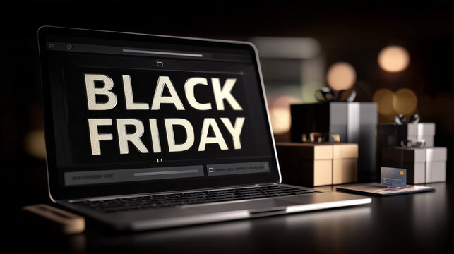 Photorealistic modern laptop showing a generic ecommerce storefront interface, shopping boxes and credit card beside it, dark elegant desk, dramatic lighting, Black Friday online shopping concept