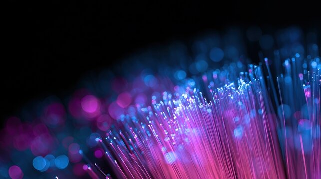 Bright fiber optic cables glowing with pink and blue light against a dark background. Ideal for telecommunications and data transfer concepts.