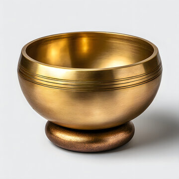 Polished brass meditation singing bowl on a dark fabric surface with sound bath