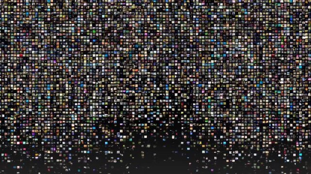 Abstract digital mosaic of multiple small images falling against a solid black background