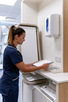 Nurse preparing medical tray at hand sanitizer station in clinic for healthcare brochure, hospital training poster and medical design background