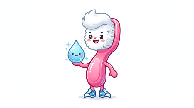 Cute pink toothbrush mascot character holding water drop cartoon vector illustration isolated on white background