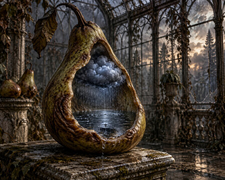 Storm cloud raining inside a hollow pear in gothic glasshouse