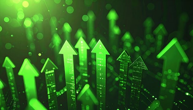 Green upward arrows showing continuous business progression, profit growth and stock market success
