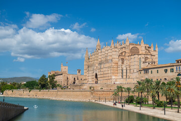 Obraz premium Gothic Palma Cathedral overlooking the waterfront lake, palm-lined promenade and historic cityscape in Mallorca, Spain.