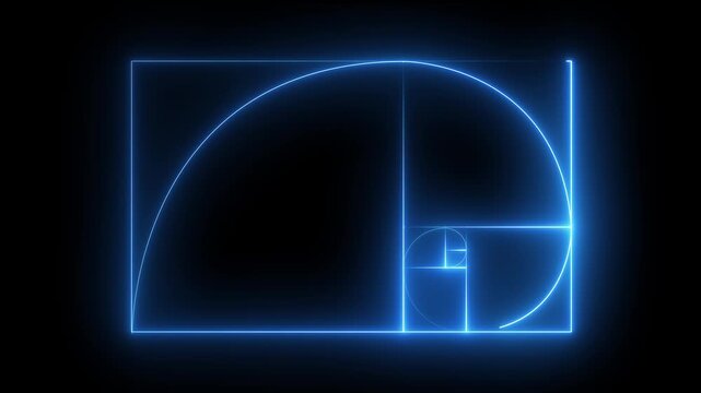  Blue Color Digital representation of the Golden Ratio and Fibonacci sequence with mathematical formulas and a glowing spiral diagram. 4k animation