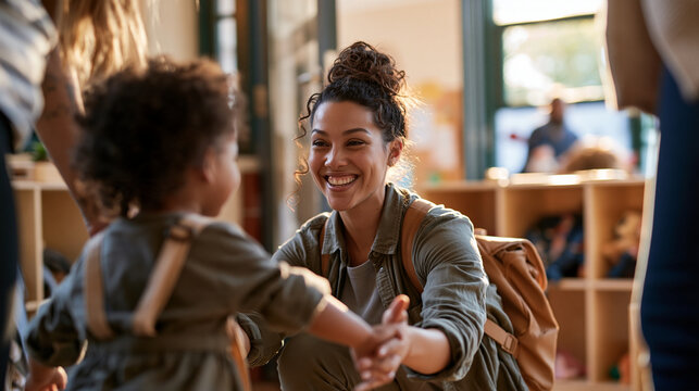 A warm morning handoff unfolds as an adult childcare worker crouches with open arms, welcoming a 4-year-old child stepping forward from an adult parent. Low cubbies establish the