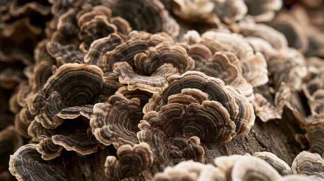 Turkey tail mushrooms grow in dense clusters on a decaying log in the forest. Ideal for nature study or ecological environment projects.