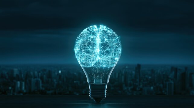 A glowing lightbulb containing a digital human brain circuit design against a dark city background. Represents innovation and artificial intelligence technology concepts.