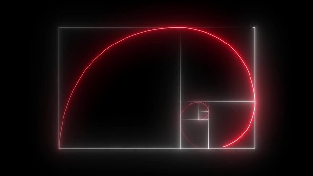 Neon Red And White Color Digital representation of the Golden Ratio and Fibonacci sequence with mathematical formulas and a glowing spiral diagram. 4k animation