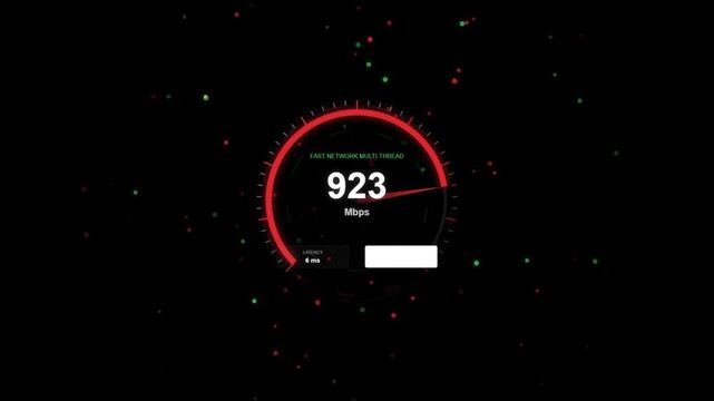 Internet speed test result showing a download speed of 923 mbps with 6 ms latency on a dark background with digital particle effects