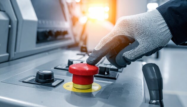 Gloved hand operating heavy machinery joystick control panel with red emergency stop button in modern industrial factory