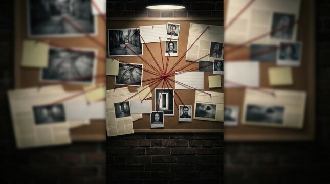 Detective's investigation board with photos newspaper clippings and red string connections.