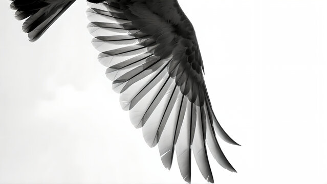 Close up view of a bird wing in flight against a bright white sky.
