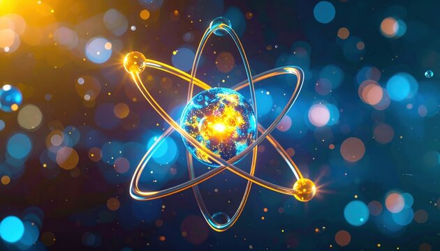 Glowing colorful atomic model with blue and yellow spheres orbiting bright central nucleus