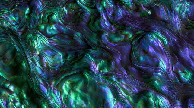 Macro shot of iridescent abalone shell texture with swirling blue and green patterns. Abstract natural background ideal for luxury design and jewelry themes.