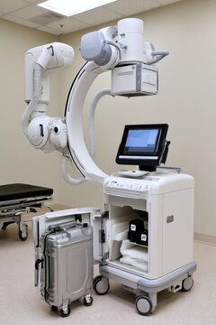 C arm fluoroscopy imaging machine and mobile x ray unit in hospital room for diagnostic imaging background and equipment
