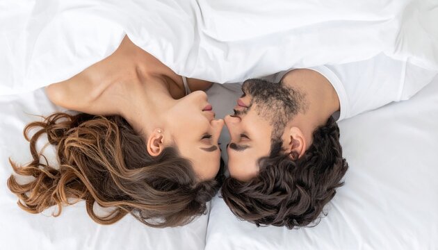 Romantic couple lying together on cozy bed touching foreheads with closed eyes beneath white sheets